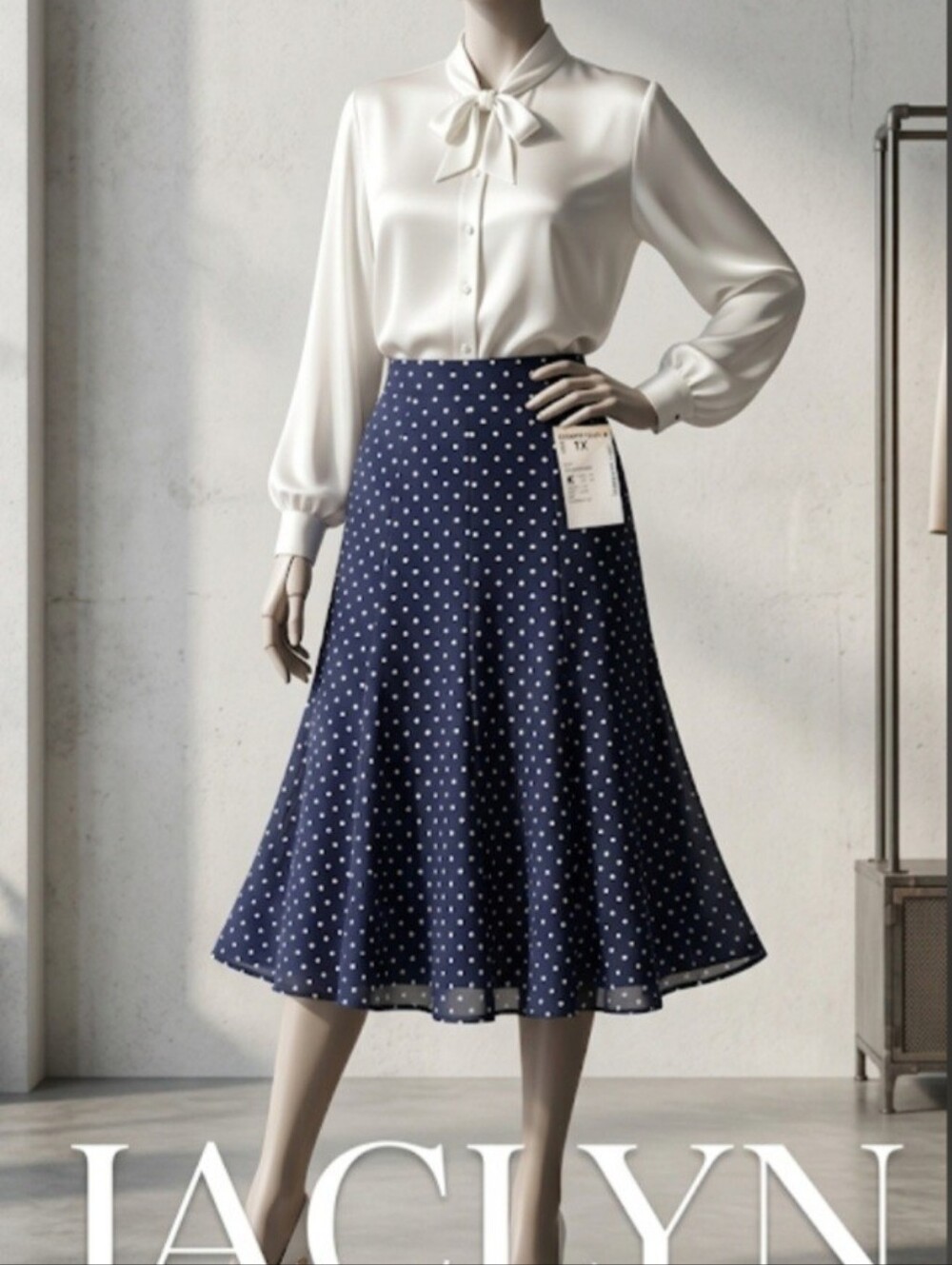NWT! Y2K Jaclyn Smith Navy Polka Dot Flowy Summer Midi Skirt! Beautuful - Picture 2 of 16